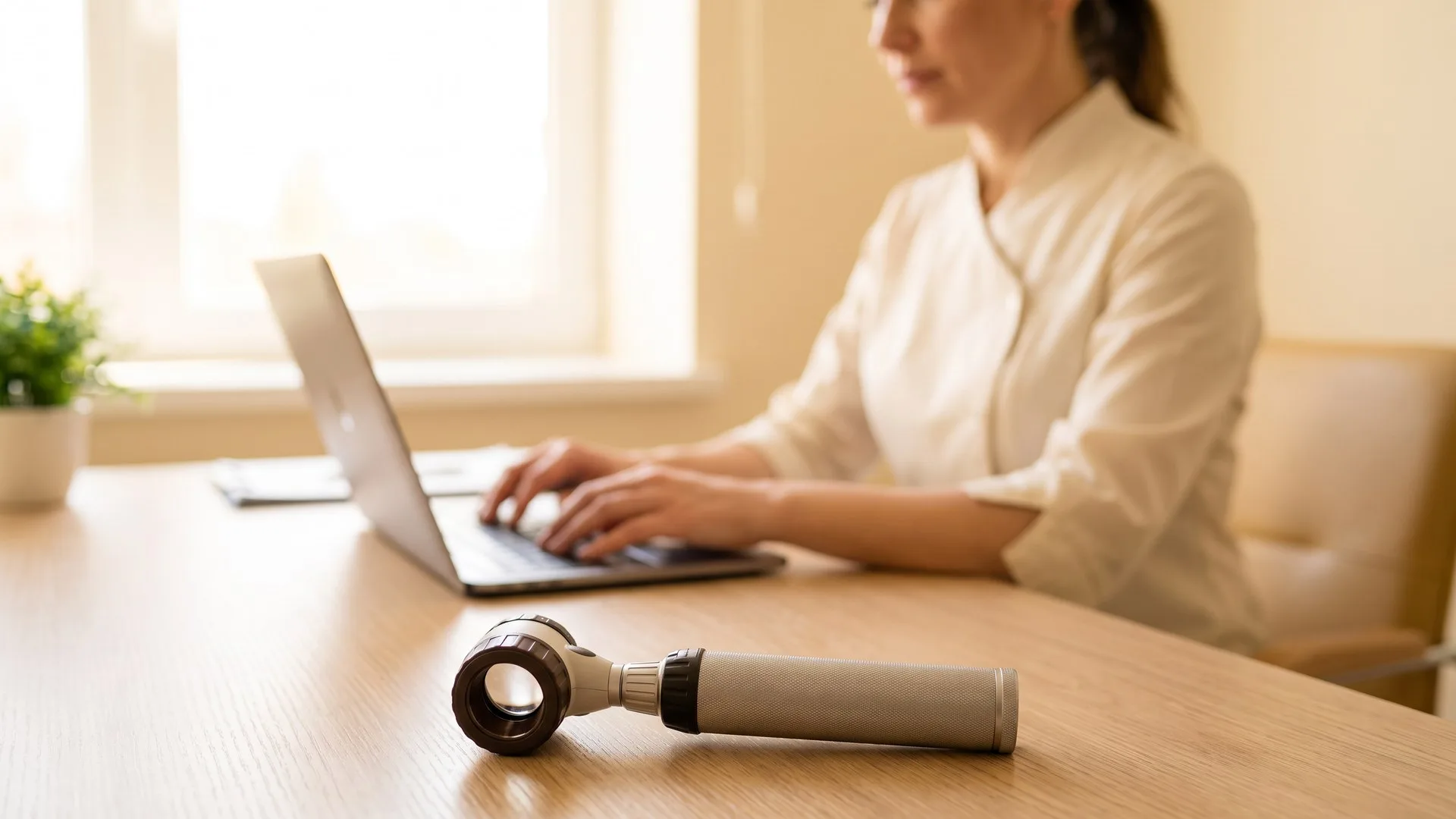 Dermatoskop auf dem Tisch, im Hintergrund eine Ärztin am Laptop