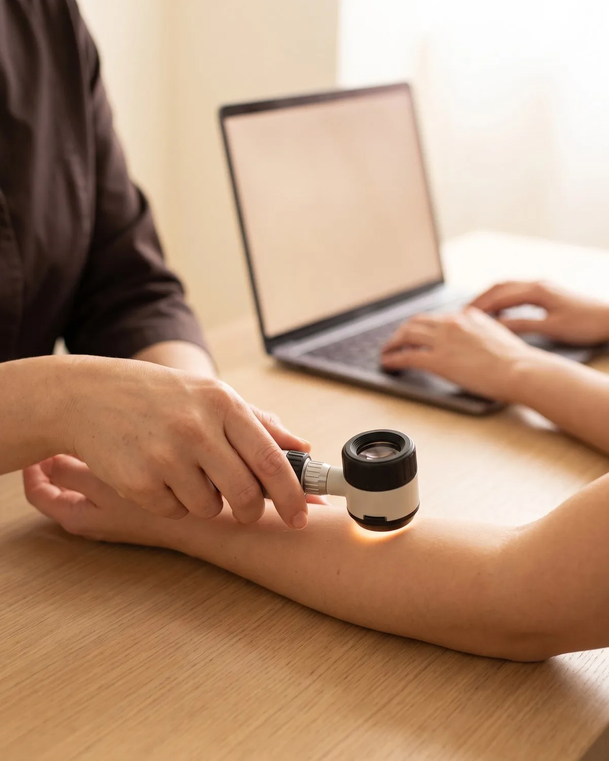 Dermatoskop auf dem Unterarm, im Hintergrund werden die Ergebnisse am Laptop erfasst