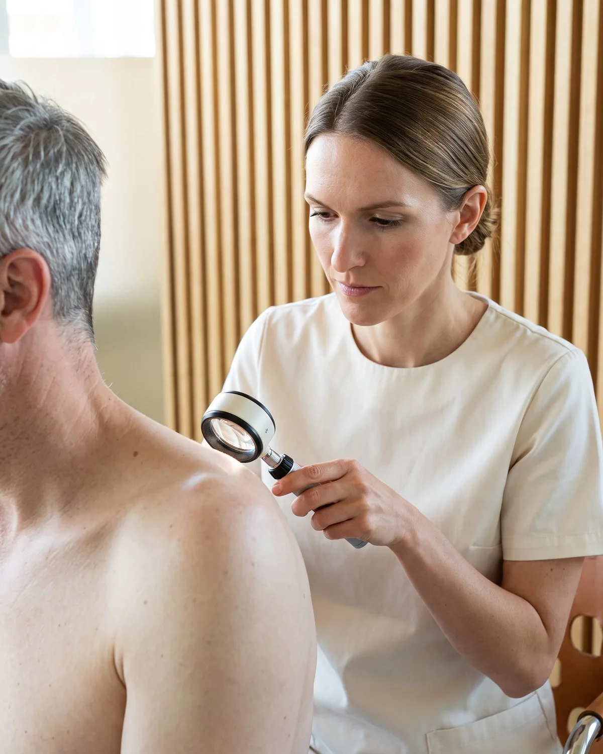 Ärztin untersucht die Schulter eines Mitarbeiters mit dem Dermatoskop